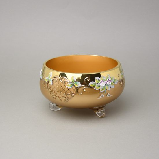 Bowl footed 20 x 11 cm, gold + enamel flowers, Bohemia