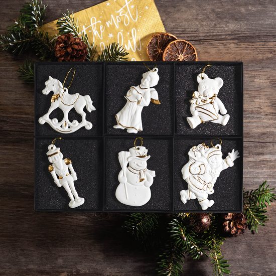 Sada vánočních ozdob z biskvitového porcelánu + zlato, Unterweissbacher Werkstätten für Porzellankunst