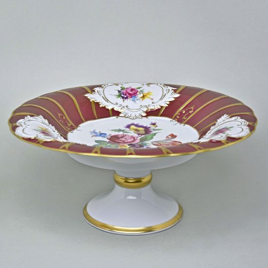 Mísa Baroko 30 cm na noze kytice, Purpur + květiny, Royal Dux Bohemia