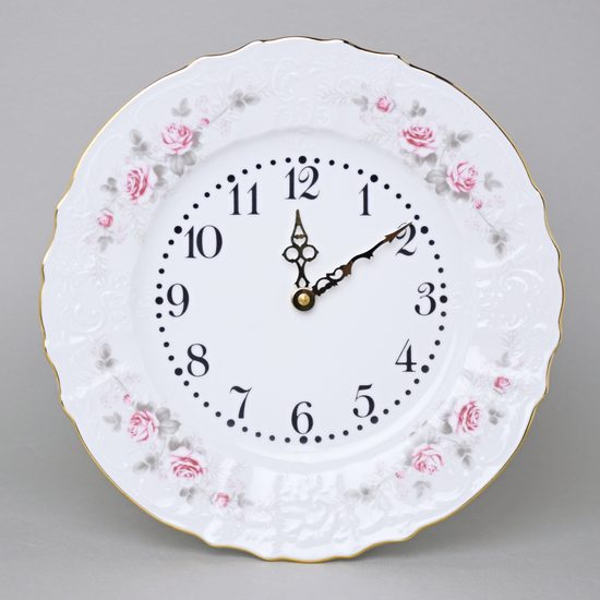 Gold line: Clock wall 27 cm, Thun 1794 Carlsbad porcelain, Bernadotte roses