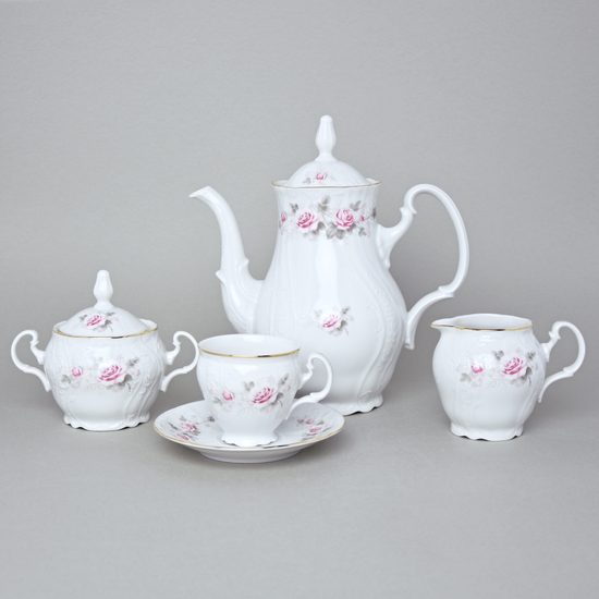 Gold line: Coffee set for 6 persons, Thun 1794 Carlsbad porcelain, BERNADOTTE roses