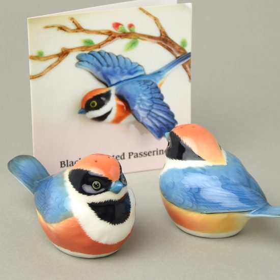 Black-throated passerine design sculptured porcelain salt and pepper shakers 6 cm, FRANZ Porcelain