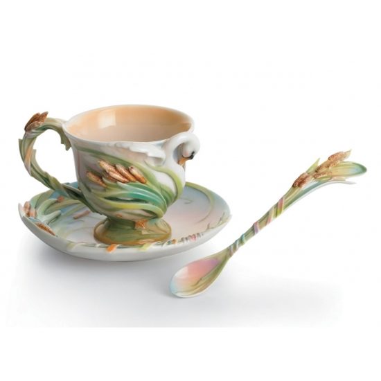 Swan Lake cup + saucer + spoon, Franz porcelain