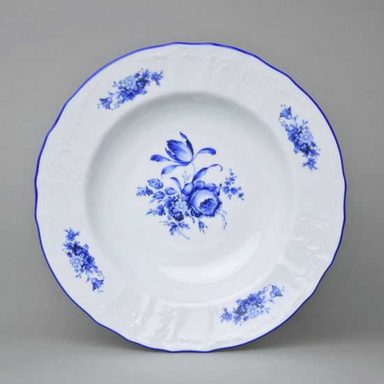 Talíř hluboký 23 cm, Thun 1794, karlovarský porcelán, BERNADOTTE modrá růže, MODRÁ linka