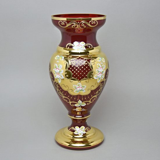 Vase 35 cm, RUBY RED glass, gold + enamel, Nový Bor glass