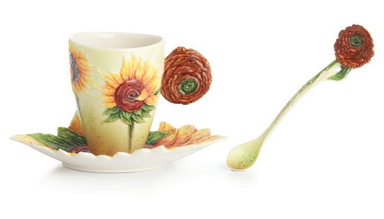 Van Gogh Sunflowers design sculptured porcelain cup and saucer 16 x 9 cm, FRANZ Porcelain