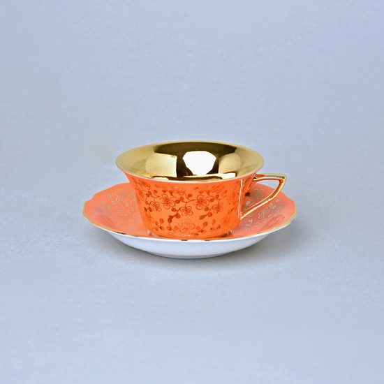 Cup 110 ml for tea + saucer 12,7 cm Windsor, Orange + inside gold, Leander 1907 Loučky