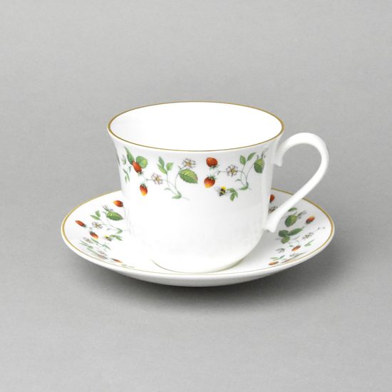 Anglická jahodová zahrada: Šálek 420 ml a podšálek 17 cm snídaňový, anglický kostní porcelán Roy Kirkham