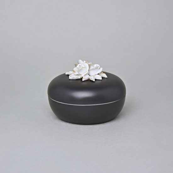 Dóza s růžemi nízká 8 x 11 cm, Černý fond + zlato, Porcelán Duchcov