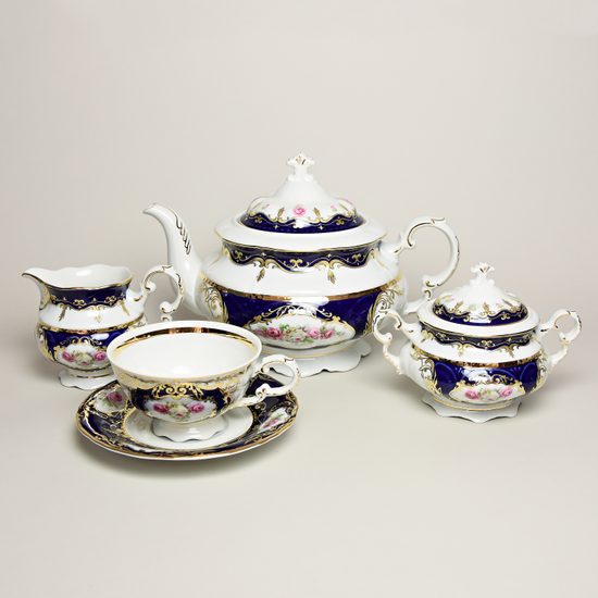 440: Tea set for 6 pers., Sonata, cobalt blue plus rose, Leander 1907