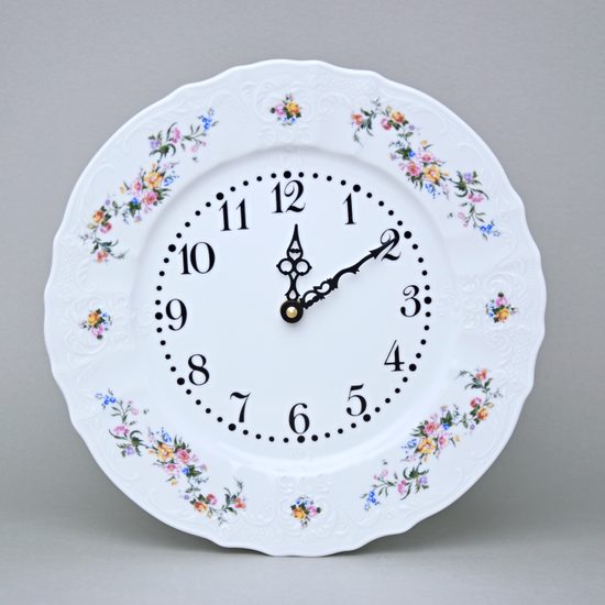 Hodiny nástěnné 27 cm, Thun 1794, karlovarský porcelán, BERNADOTTE bílá + kytičky