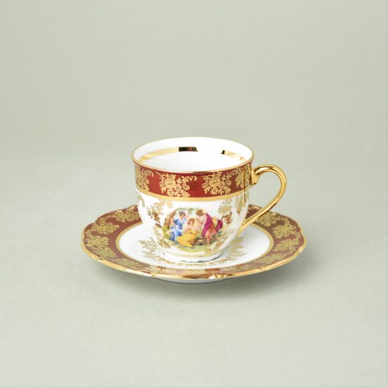 Šálek 80 ml mokka a podšálek 12 cm, Tři Grácie, zlatý listr + rubín, Queens Crown porcelán