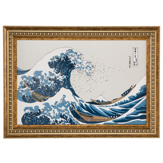 Picture The Great Wave in wooden frame 59 / 4 / 42,5, porcelain, K. Hokusai, Goebel
