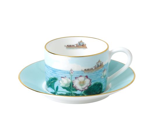 Blenheim Palace - Indian Room: Cup 200 ml and saucer breakfast (Blooming Lotus - rose), English Fine Bone China, Roy Kirkham