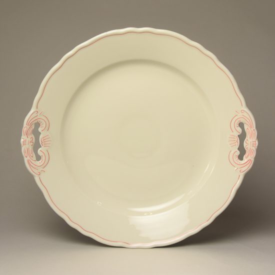 Rokoko yvory: Talíř koláčový s uchy 28 cm, slonová kost s červenou linkou, Český porcelán a.s.