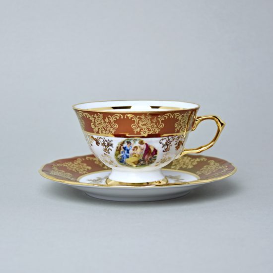 Cup 200 ml tea + sacuer, The Three Graces, gold + ruby red, Queens Crown