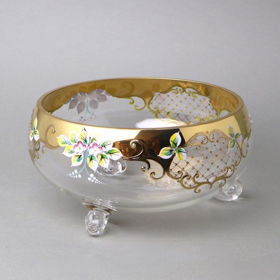 Crystal round bowl footed 26 x 12 cm, gold + enamel flowers, Bohemia