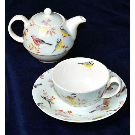 Bird song: Čajová sada 3 díl. Tea for One set, anglický kostní porcelán Roy Kirkham