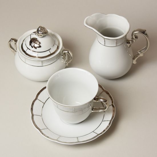 Sada šálků, cukřenky a mlékovky, Thun 1794, karlovarský porcelán, MENUET platina