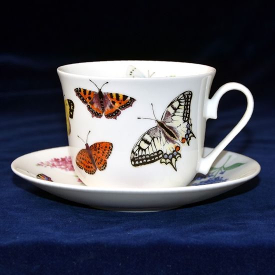 Zahrada motýlů: Šálek 420 ml a podšálek snídaňový, anglický kostní porcelán Roy Kirkham