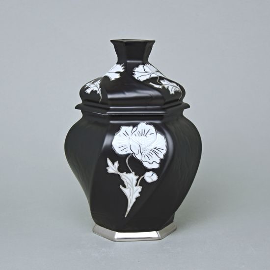 Dóza / Urna šestihran 20 x 14,5 x 13 cm , Černý fond + platina 2, Porcelán Duchcov