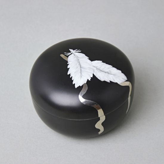 Dóza s pírky a platinovou stuhou, nízká, 7 x 10,3 cm, Černý fond + Platina, Porcelán Duchcov