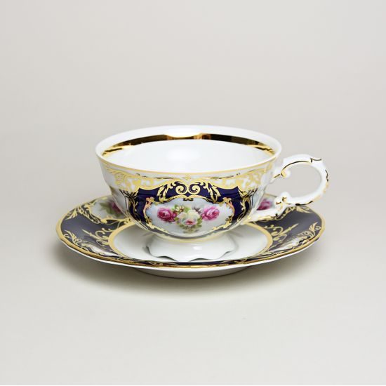 440: Cup tea 0,2 l + saucer, Sonata, cobalt blue + rose, Leander 1907