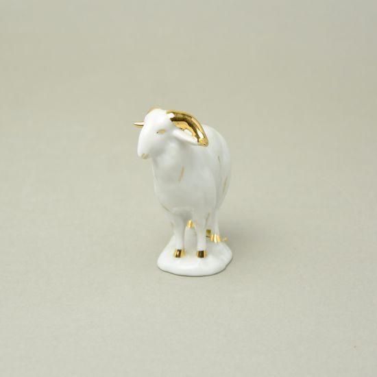Beran 8,6 cm (kozoroh), bílá + zlato, Porcelánové figurky Duchcov