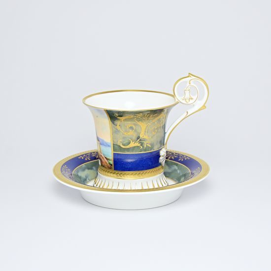 Cup and Saucer Johan, Prague 1901, 200 ml, Gold Etching, hand-painted by Roman Široký, Haas a Czjzek Porcelain