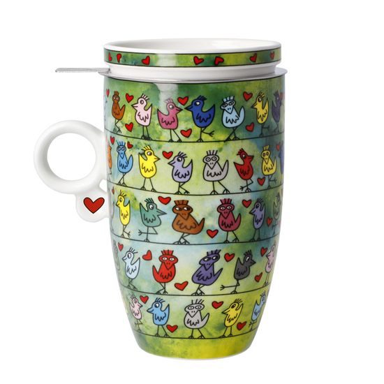 Tea Cup 0,45 l with Lid and Strainer James Rizzi - Birds on a Love Wire, 11,5 / 8 / 14 cm, Fine Bone China, J. Rizzi, Goebel