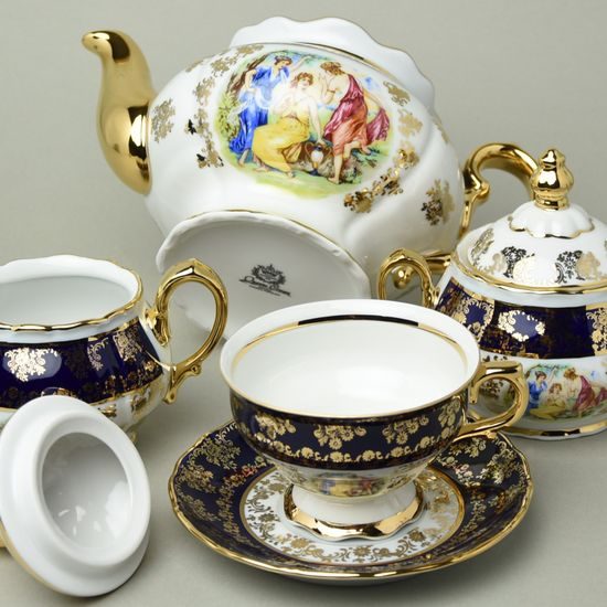 Tea set for 6 pers., The Three Graces + gold + COBALT, Queens Crown porcelain