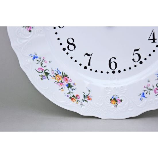 Hodiny nástěnné 27 cm, Thun 1794, karlovarský porcelán, BERNADOTTE bílá + kytičky