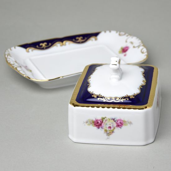 440: Butter dish for 250 g butter, Sonáta, cobalt + gold + roses, Leander Loučky
