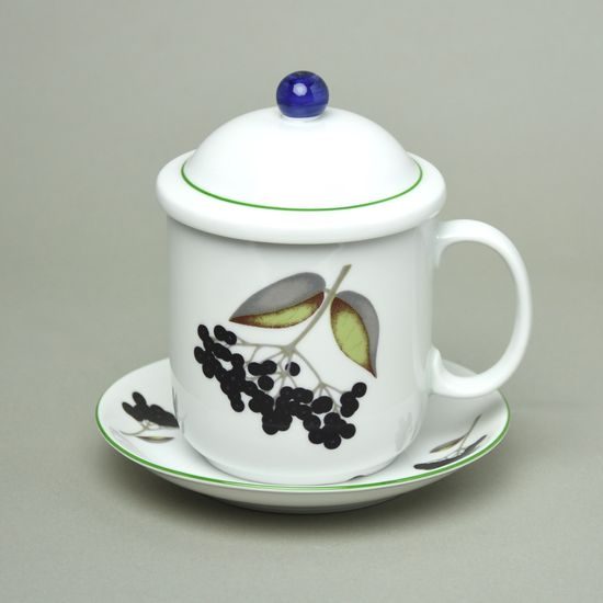 Souprava Adam, hrnek 400 ml s víčkem, sítkem, podšálkem a mističkou, černý bez, Atelier Lesov