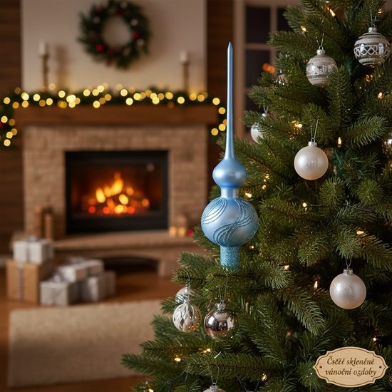 Christmas Tree Glass Tip 28 cm, Light Blue 165, Bohemian hand made Christmas decorations