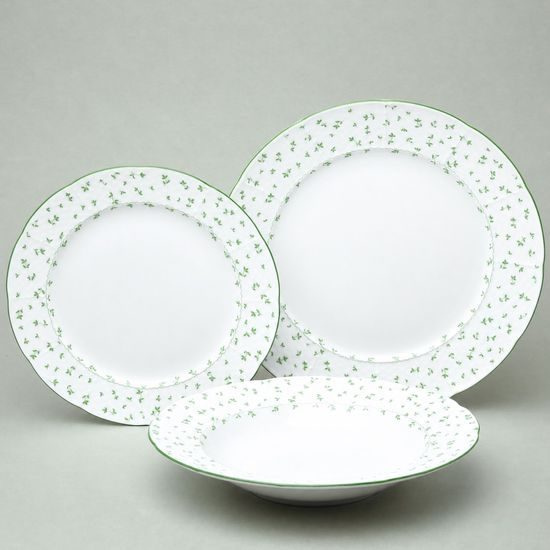 Plate set 12 pcs. for 4 pers. Thun 1794, karlovarský porcelán, Natálie green flowers