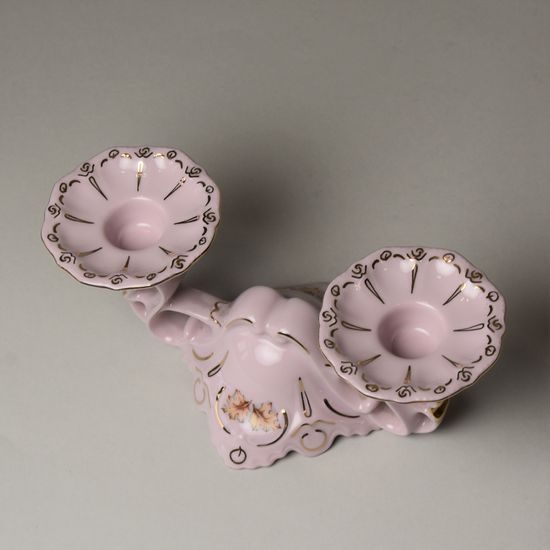 Svícen dvouramenný 7,5 cm, Lenka 527, Růžový porcelán z Chodova