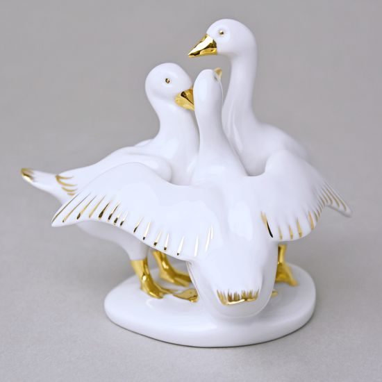 Husy na podstavci 9 x 10,5 x 10 cm, Bílá + zlato, Porcelánové figurky Duchcov