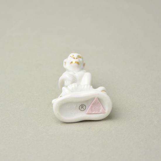 Opička na větvi 5,3 cm, Bílá + zlato, Porcelánové figurky Duchcov