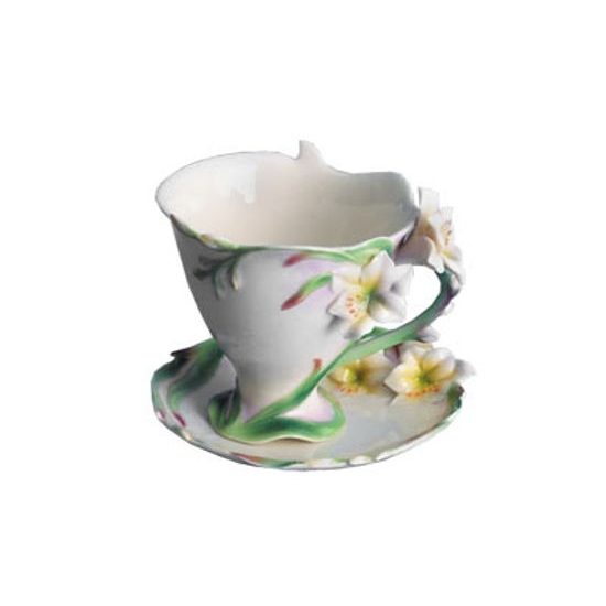 Freesia design sculptured porcelain cup/saucer set, FRANZ Porcelain