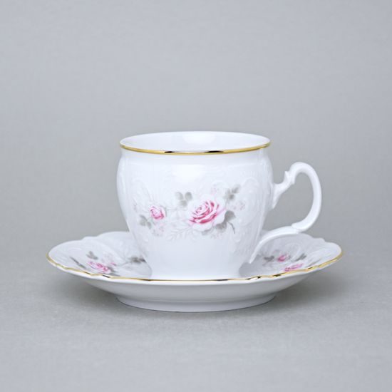 Gold line: Coffee cup and saucer 220 ml / 16 cm, Thun 1794 Carlsbad porcelain, BERNADOTTE roses
