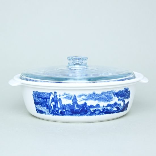 Baking bowl round with glass lid 29,5 cm, Water mill, Thun 1794, Carlsbad Porcelain