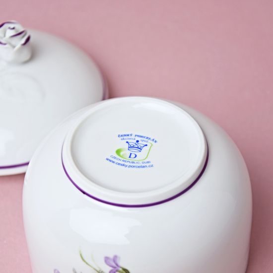 Cukřenka bez oušek s víčkem bez výřezu, 0,30 l, fialky, Český porcelán a.s.