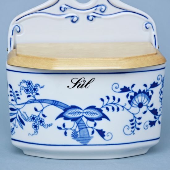 Slánka závěsná s dřevěným víčkem s nápisem Sůl 0,70 l, Cibulák, originální z Dubí