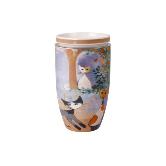 Tea Cup 0,4 l with Lid and Strainer R. Wachtmeister - Tempi Felici, 11,5 / 8 / 14 cm, Fine Bone China, Cats Goebel