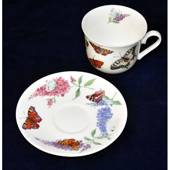 Zahrada motýlů: Šálek 420 ml a podšálek snídaňový, anglický kostní porcelán Roy Kirkham