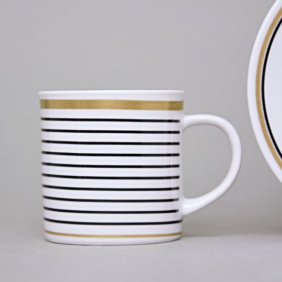 Cup Espresso 80 ml + saucer 11,5 cm, ELLA Black-Gold Stripes, Thun 1794 Carlsbad Porcelain