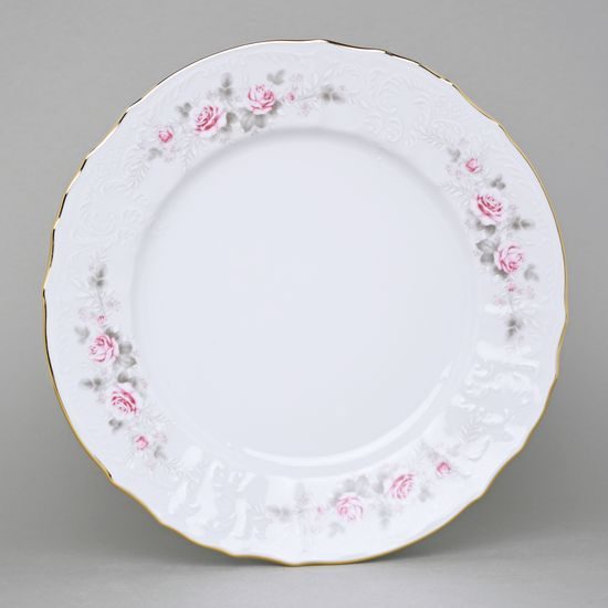 Zlatá linka: Talíř mělký 25 cm, Thun 1794, karlovarský porcelán, BERNADOTTE růžičky