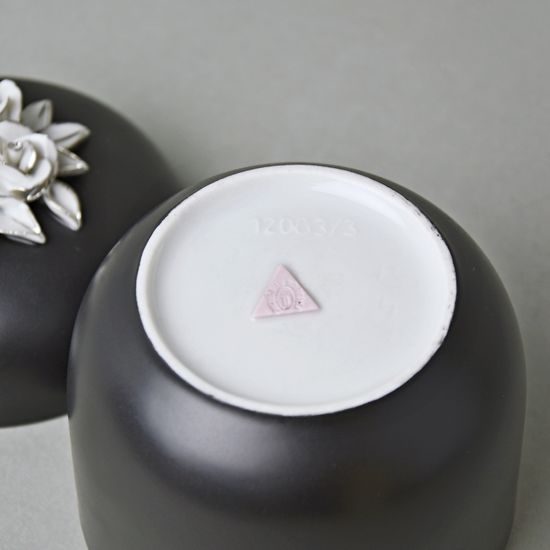 Dóza s růžemi 11 x 9 cm, Černý fond + Platina, Porcelán Duchcov