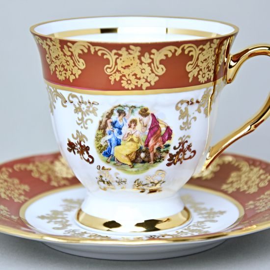 Šálek vysoký 170 ml a podšálek 16 cm kávový, Tři Grácie, zlatý listr + rubín, Marie Tereza Queens Crown